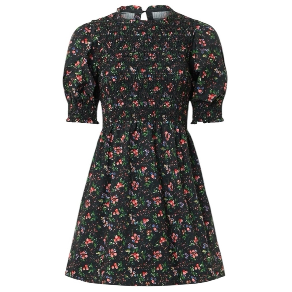Hill House Black Floral Smocked Puff Sleeve Mini Dress